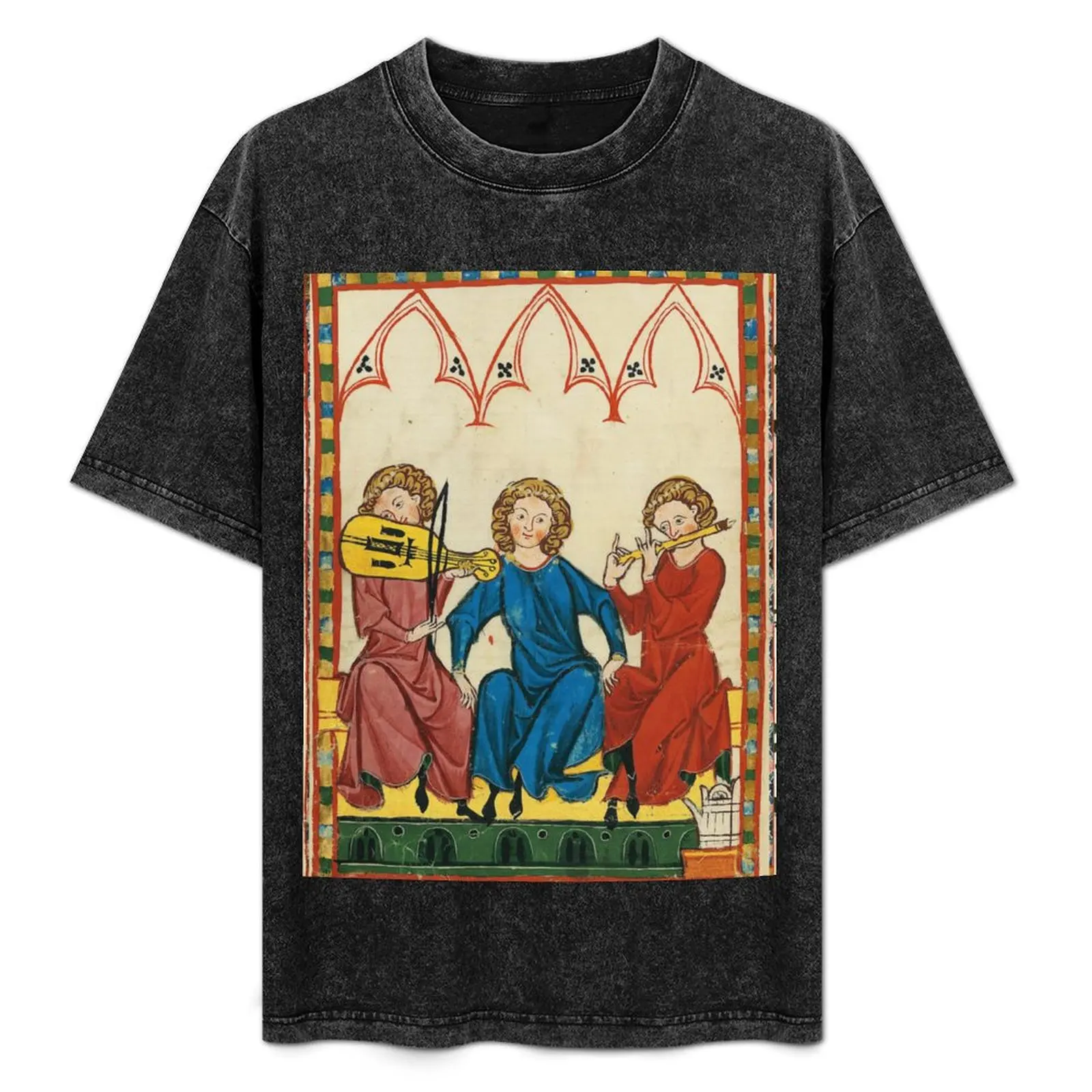 MEDIEVAL MUSIC AND MUSICIANS ,ANTIQUE MINIATURE WITH WILD ROSES T-Shirt designer shirts summer clothes Men's cotton t-shirt