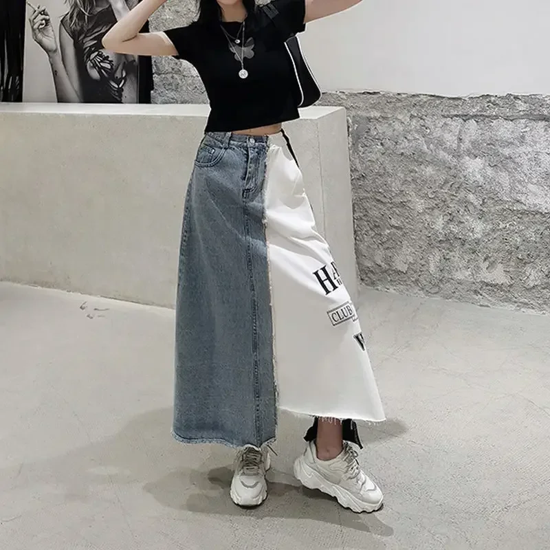 2025 Spring Autumn New Fashion Skirts Women Korean Loose Letter Printing Denim Skirt High Waist Mid-length Skirt