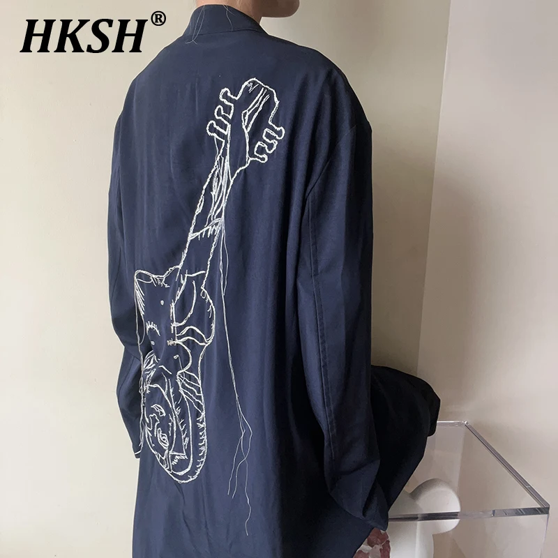 HKSH Autumn Winter New Tide Men\'s Original Dark Trench Back Guitar Embroidered Tassel Blazer Casual Chic Streetwear Coats HK2178