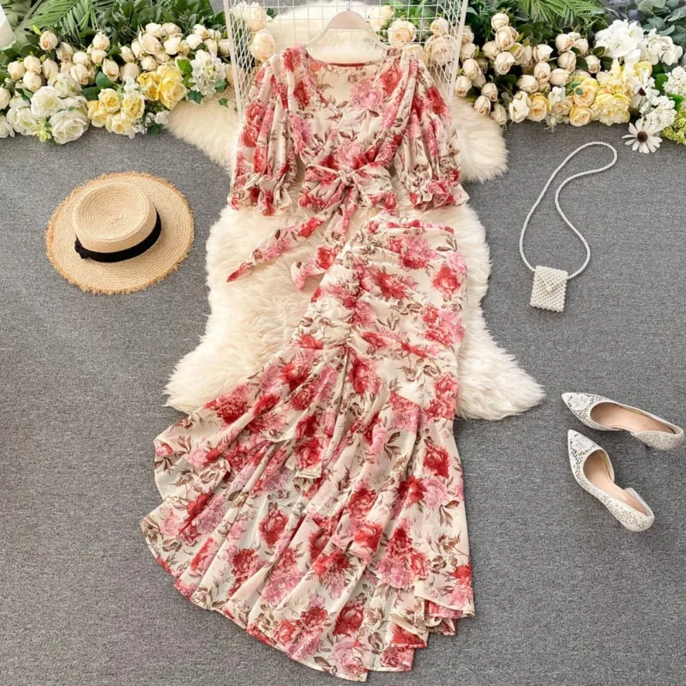 

Sexy Two Pieces Sets Chic Bandage chiffon Shirt Top with sweet High Waist mermaid Skirt Beach Vacation Sets