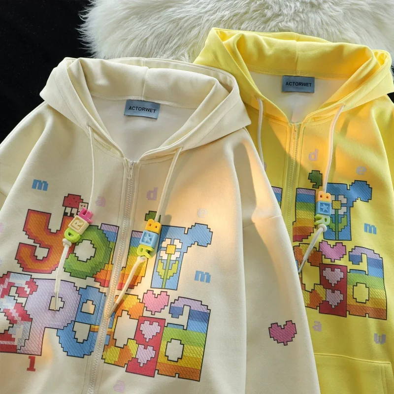 Korean version of color printed letter cardigan jacket women's autumn and winter 2024 retro loose niche design hooded sweater