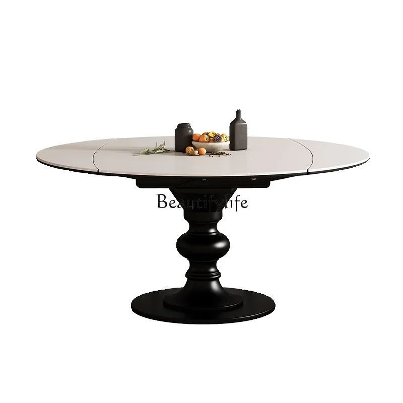 

Medieval retractable round dining table retro square and round dual-purpose stretching solid wood rock slab dining table