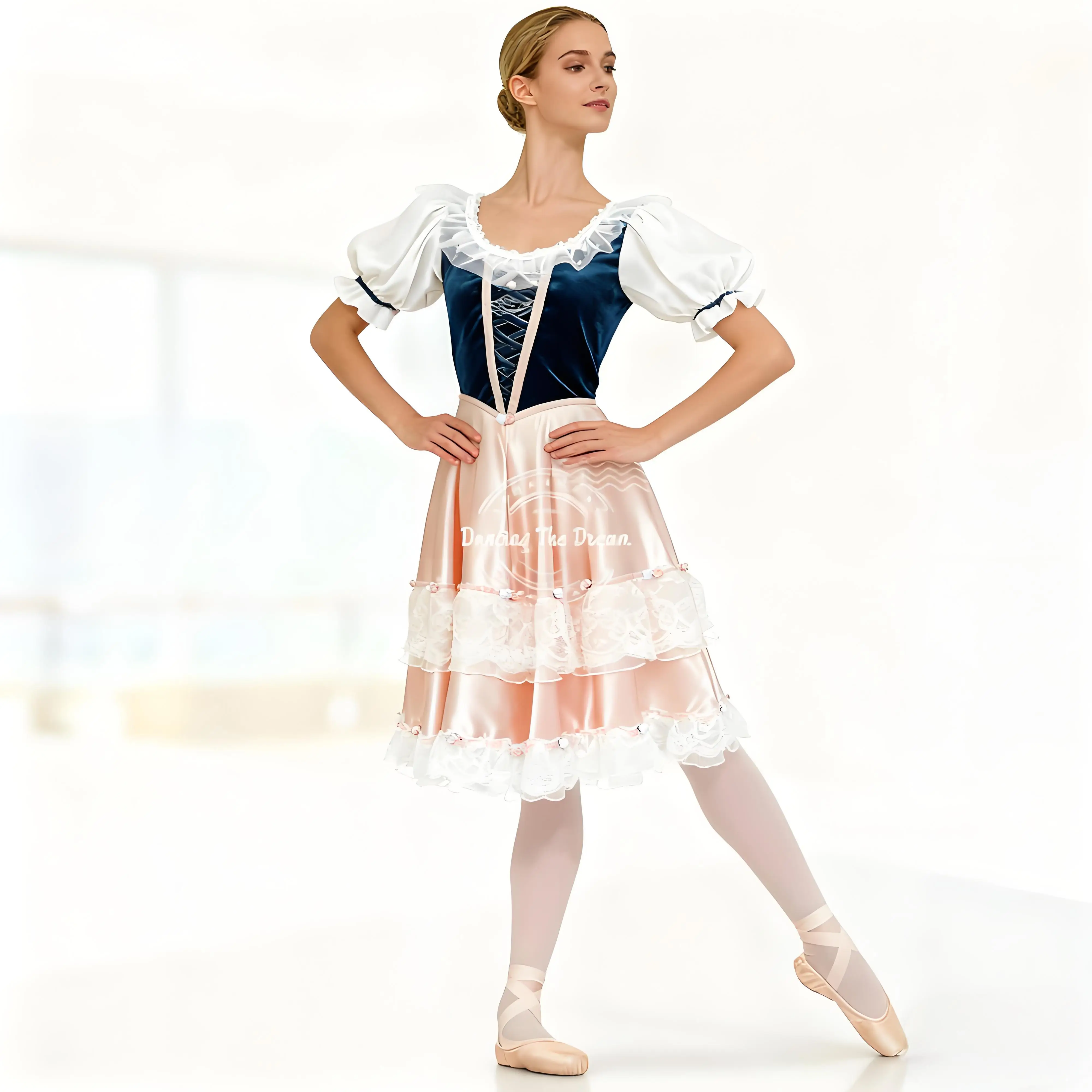 فستان باليه عتيق من الدانتيل المخملي - فستان باليه بأكمام منتفخة أنيق باللونين الأزرق الداكن والوردي