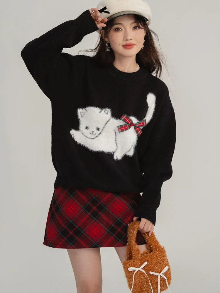 Deeptown Korean Fashion Y2k Kawaii Kitty Print Sweater Cashmere Knitted Streetwear Female Top Autumn Winter Christmas Clothes