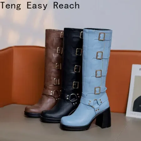 Spring Autumn 2024 Knee High Boots Women Fashion Square Heel Long Boots Woman Leather Shoes Winter Large Size 41