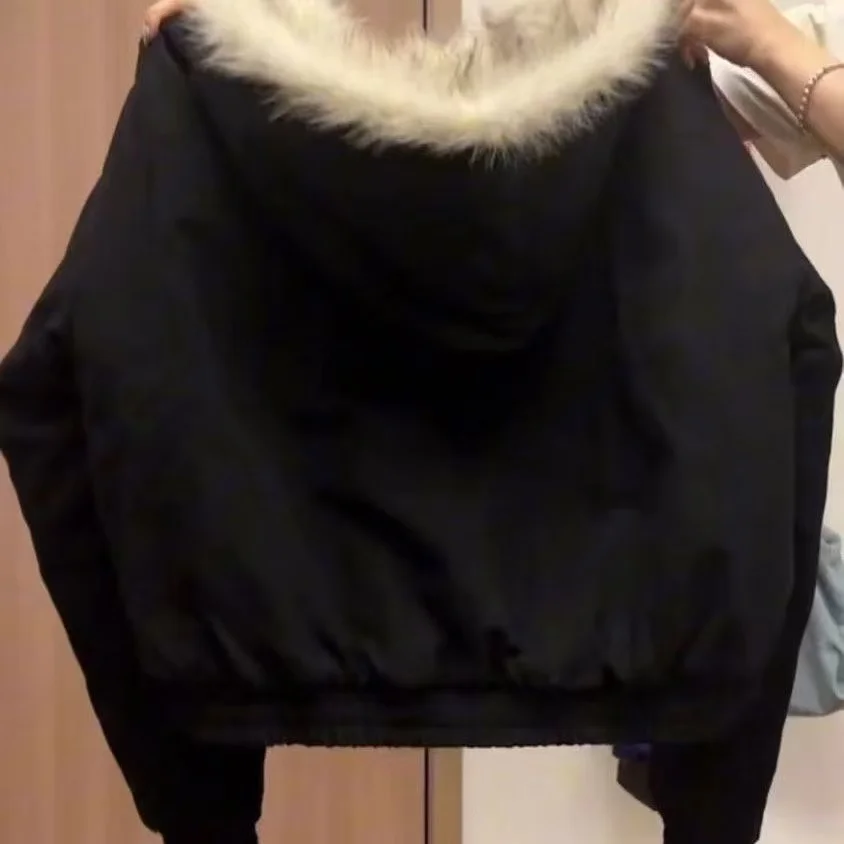 エレガントな裏地付きファーカラーフード付きルーズコート レディース Y2K 厚手 ファッションパーカー カジュアルトップス アウター パッド入りジャケット 冬の新作