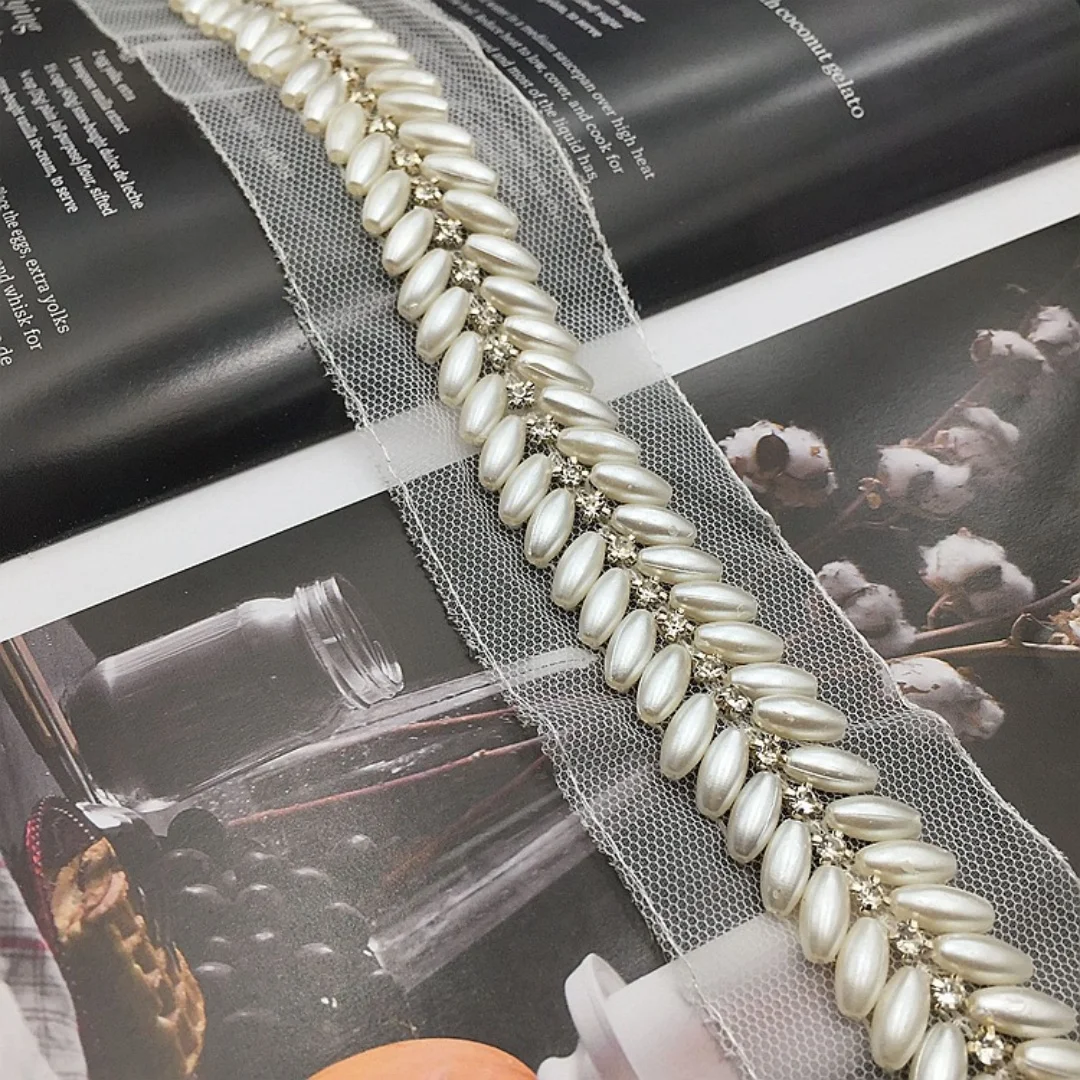 Ширина 2 ярда, 0,94 дюйма, кружевная отделка из бисера со стразами, жемчужное кружево для платья своими руками