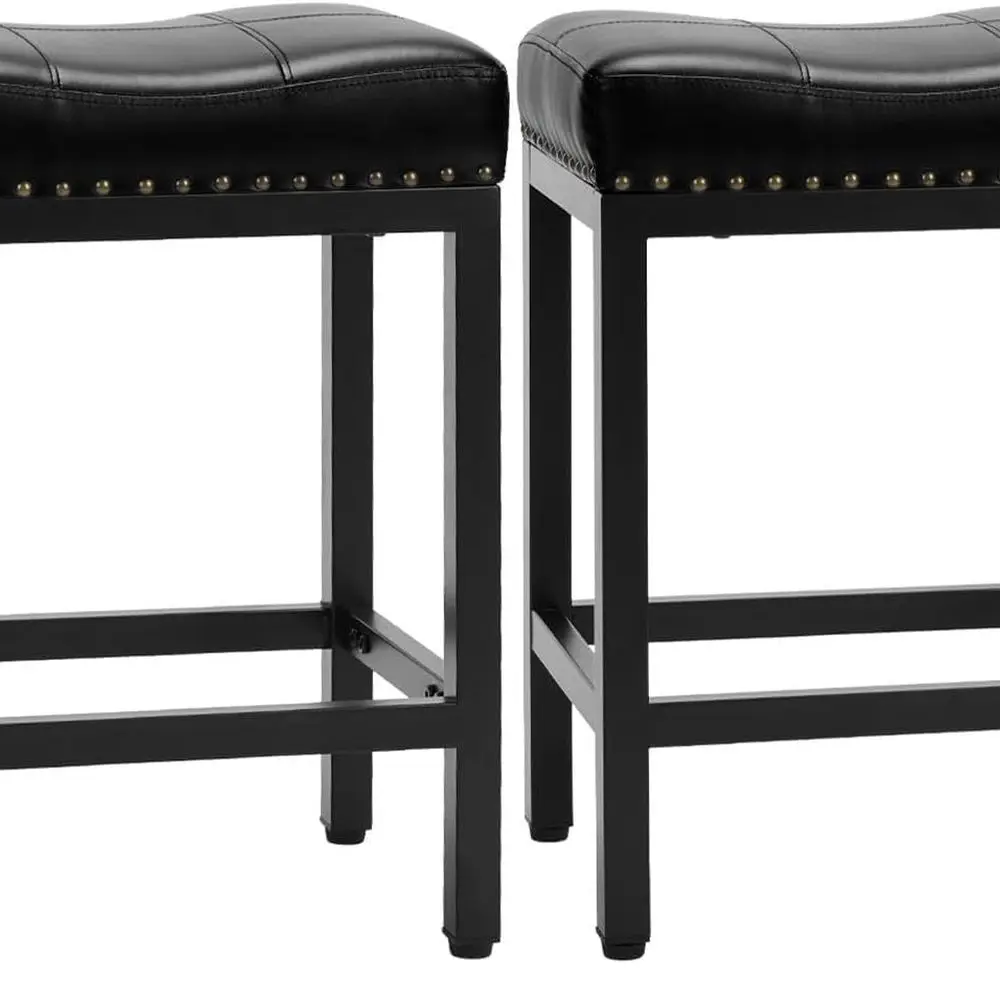 

Pair of Black PU Leather Saddle Bar Stools, High Counter Height, Metal Base, Ideal for Kitchen Island or Cafe
