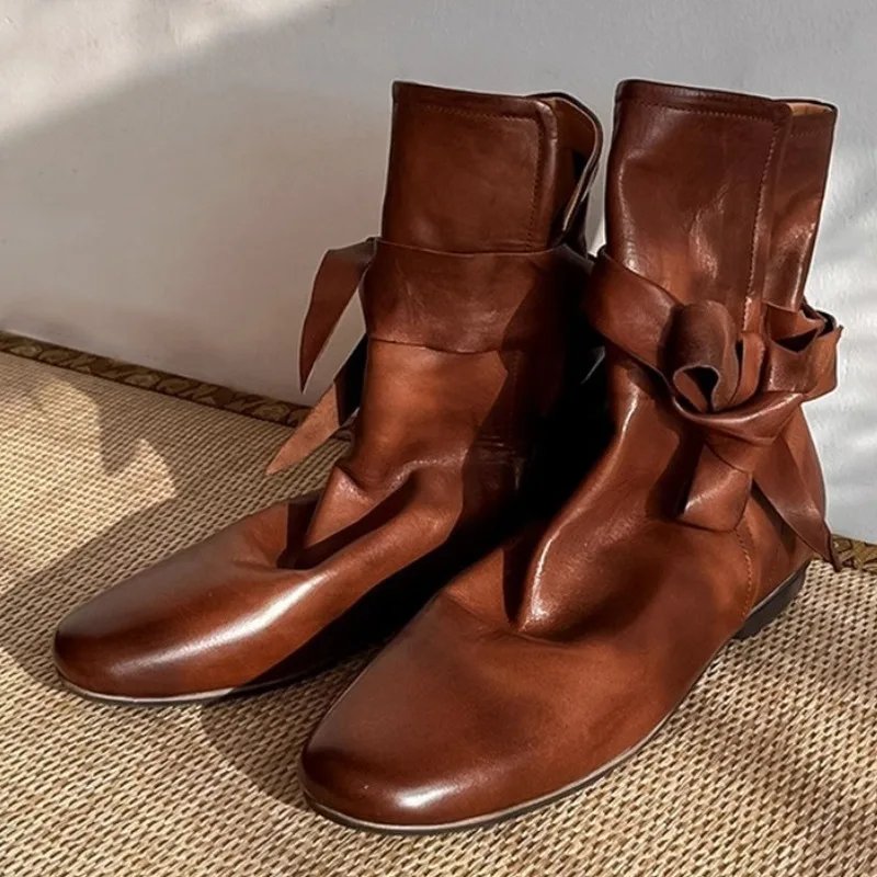 

Ботильоны из мягкой кожи в британском стиле, женские высококачественные ковбойские сапоги на шнуровке с бантом и круглым носком, удобные ботинки челси на плоской подошве