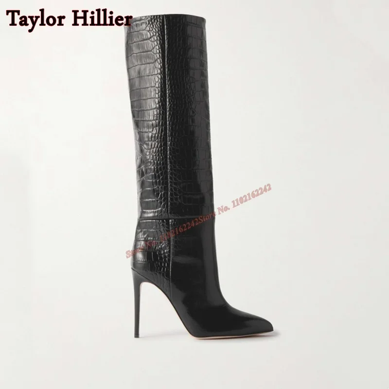Imitation Crocodile Leather Knee-High Boots Pointed Toe Stiletto High-Top Long Boots Fashionable Party Banquet Women\'S Boots 43