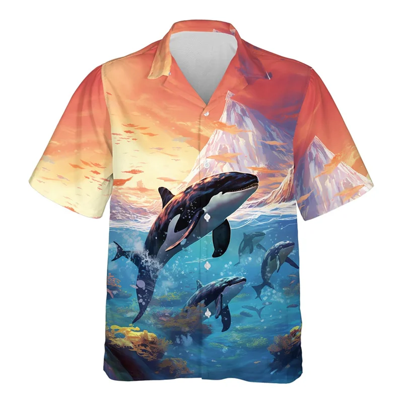 

3D Printed Killer Whale Hawaiian Shirt Men Blue Whales Animal Pattern Blouses Unisex Aloha Shirts Comfortable Tops Short Sleeves