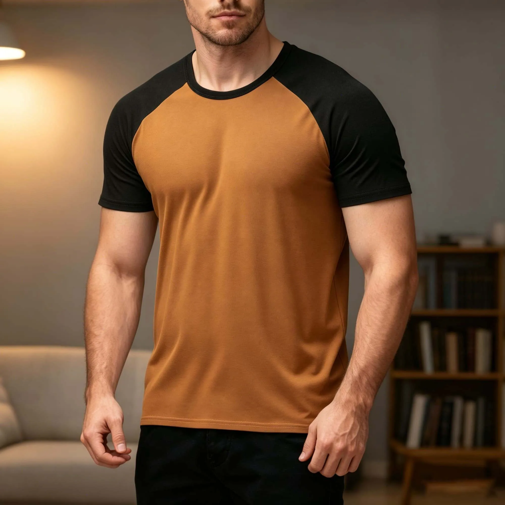 Camiseta de Manga Corta para Hombre, Estilo Casual, Color Caramelo y Negro, Diseño Raglán en Contraste, Suave y Elástica, Cuello Redondo Básico, Jersey Combinable con Todo