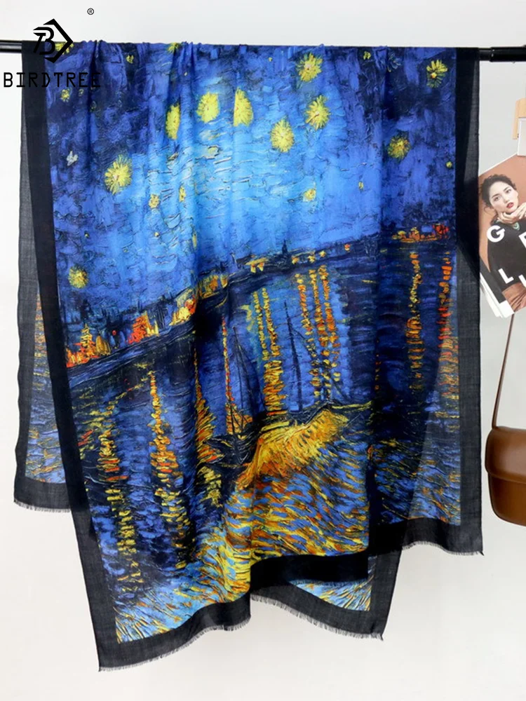 BirdTree, 100%Pure Wool Elegant Scarves, 200cm Artistic Printed, Mom Gift Chic Commute Retro Scarf, 2024 Summer Autumn A465115QM