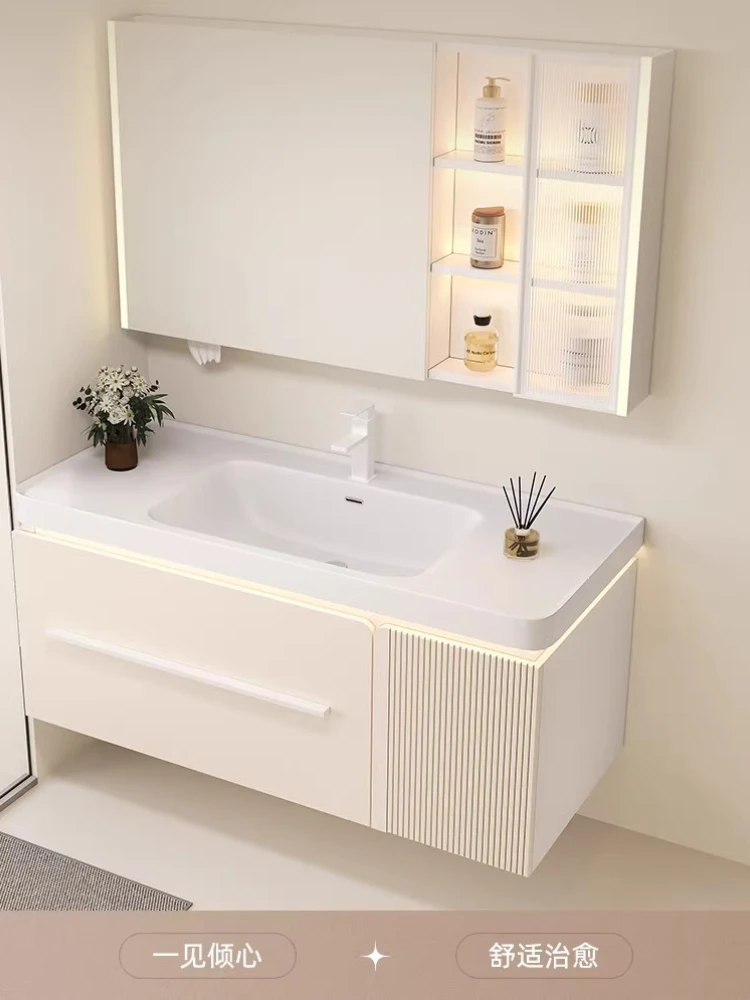 

Комплект мебели для ванной комнаты: тумба с интегрированной керамической раковиной с закругленными углами, умывальник-тумба в стиле Cream Wind