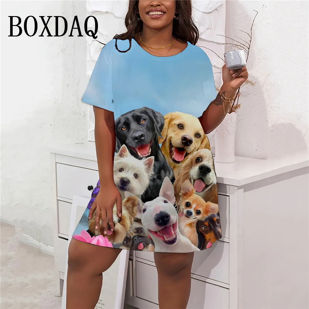 

2024 Summer Women's Dress Funny Dogs Print O-Neck Short Sleeve Loose Mini Dresses Casual Female Sweet A-Line Plus Size Clothing