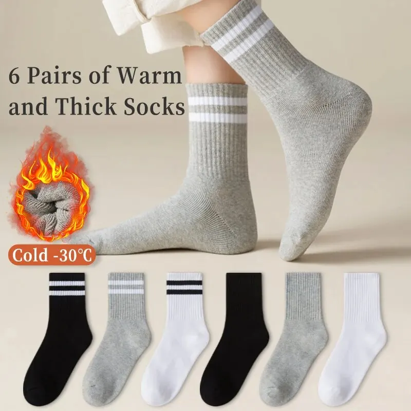 6 Pairs of Women Is Autumn and Winter Solid Color Striped Simple Plush Fleece Thick Warm Fashion Comfortable Mid-tube Socks