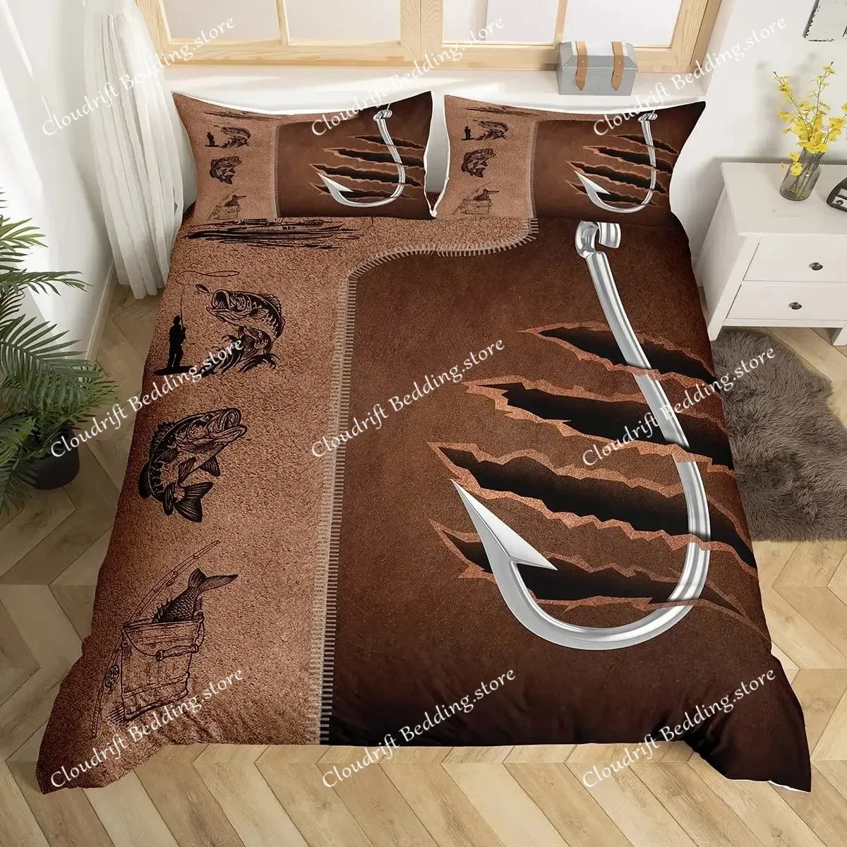 Fishhook Duvet Cover Set Twin Size Fishing Bedding Set Fish Hook Pattern Comforter Set,Modern Quilt Cover for Teen Adult026