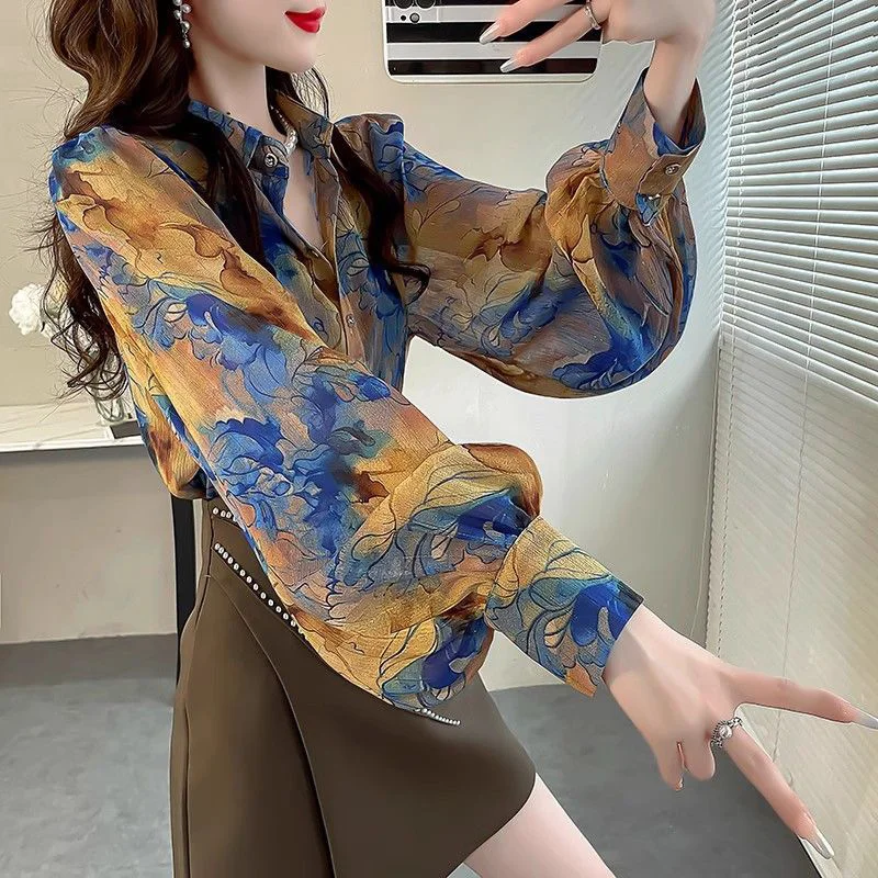 Spring Autumn Polo-neck Elegant Fashion Cardigan Blouse Femme Long Sleeve Casual Floral Printing Shirt Ladies Buttons Top Women