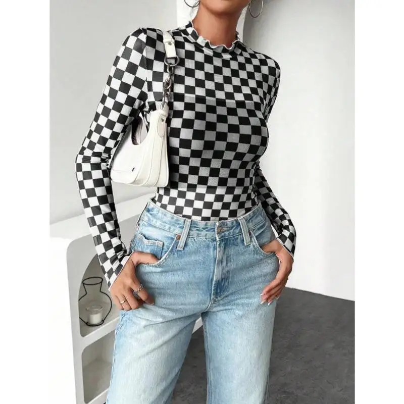 スリムフィットカジュアルチェック柄ロングスリーブトップP 96032新作クロスボーダースタイルレディースファッション春2026裏地付きセブンスリーブ...