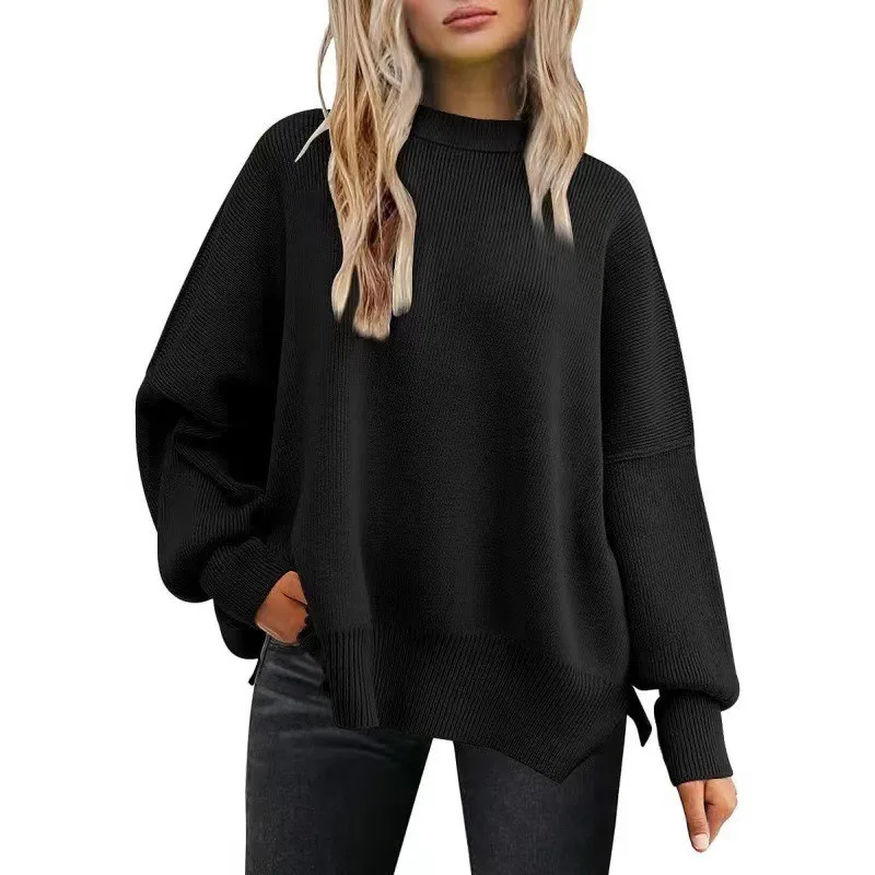 Sweter Rajut Garis-garis Modis Wanita Kasual Kerah O Lengan Kelelawar Longgar Belahan Samping Pullover Sweater Wanita Streetwear Musim Gugur Musim Dingin Terbaru