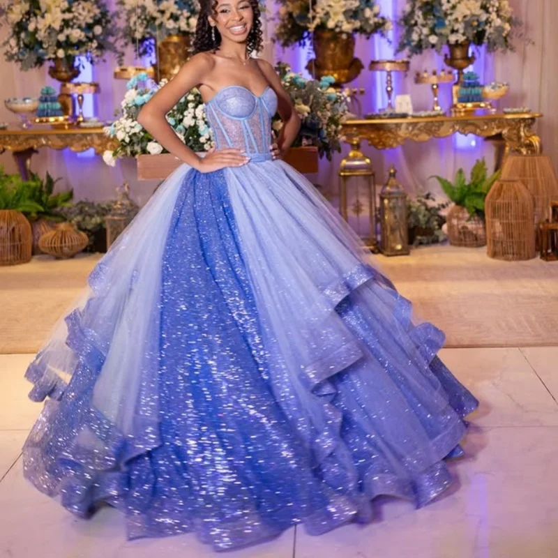 

Блестящие синие платья Quinceanera по индивидуальному заказу с открытыми плечами, тюлевая аппликация с блестками и рюшами, Vestido De 15, Quinceanera