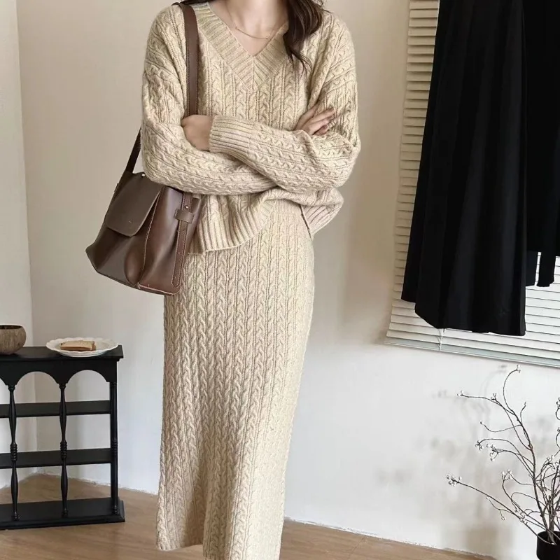 

2 Piece Women Knitted Sweater Suits Winter Fashion Korean Blouses Tops and Skirt Set Casual Elegant Women's Clothing Outfits