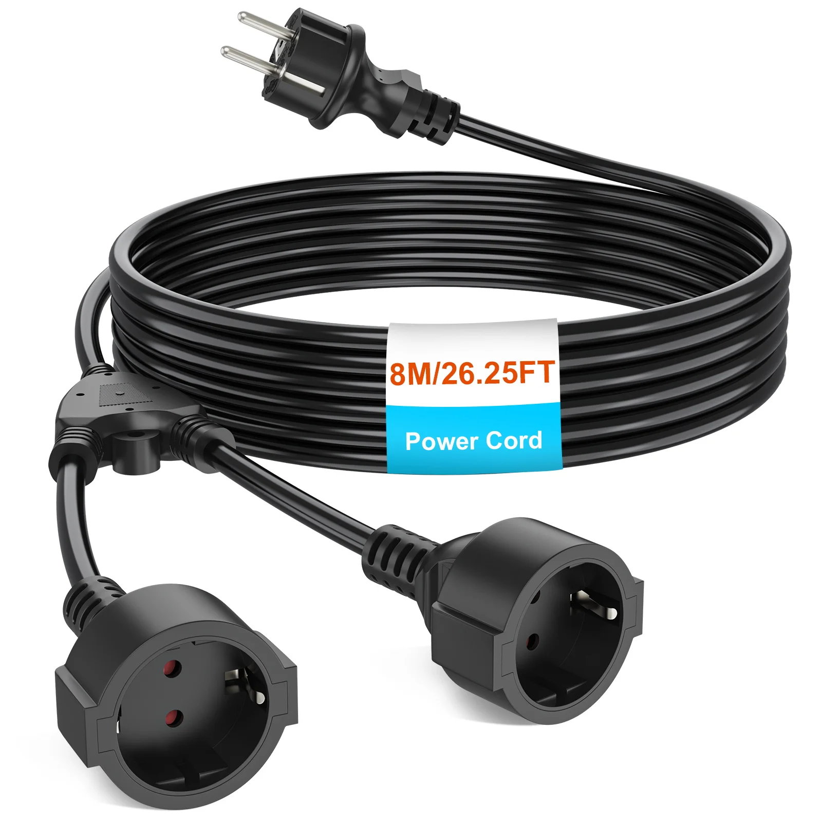 2/5/8m 1 to 2 Ways EU Power Extension Cord double plug Outlet, 2-prong Male to Female Socket Power Cable 13A/250 V For PC TV