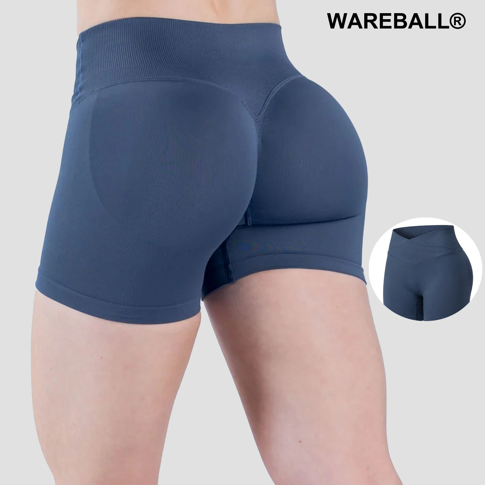 

WAREBALL Vision Shorts 3" Gym Clothes Women Seamless Leggings Cross Waist Fitness Scrunch Booty Tights Running Cycling Shorts