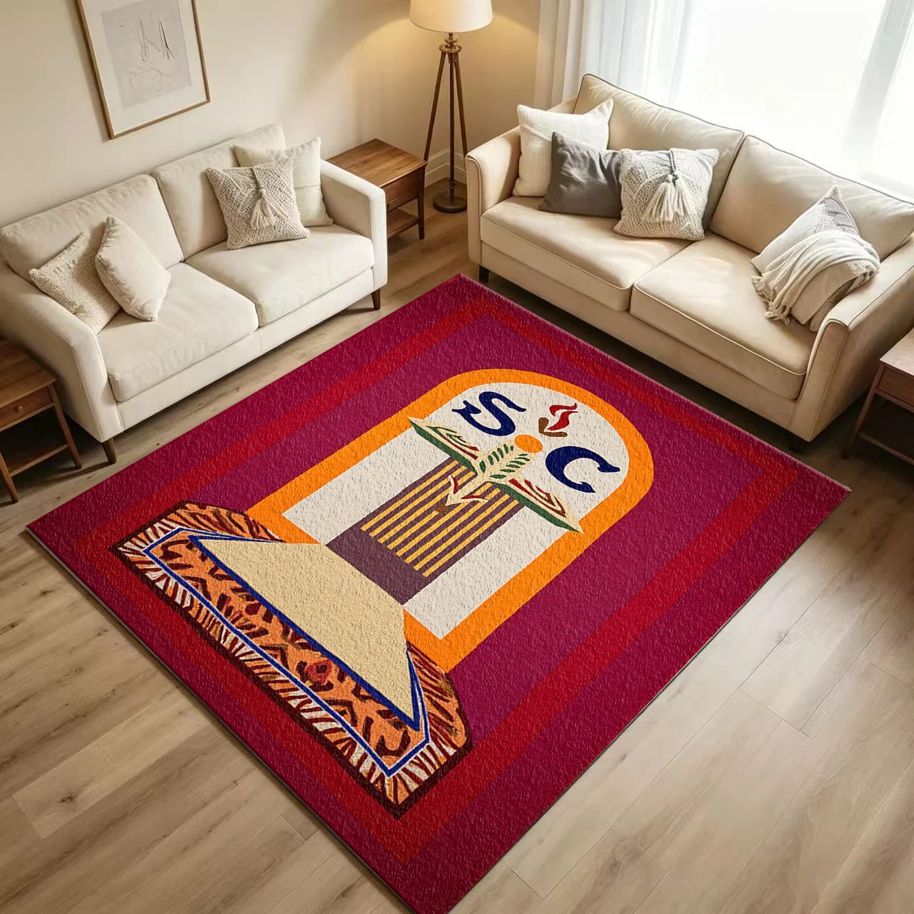 Abstract Ethnic Totem Art Carpet Flooring Bold Color Block Geometric Symbol Printed Floor Rug for Household Indoor Artistic Aesthetic Home Decoration