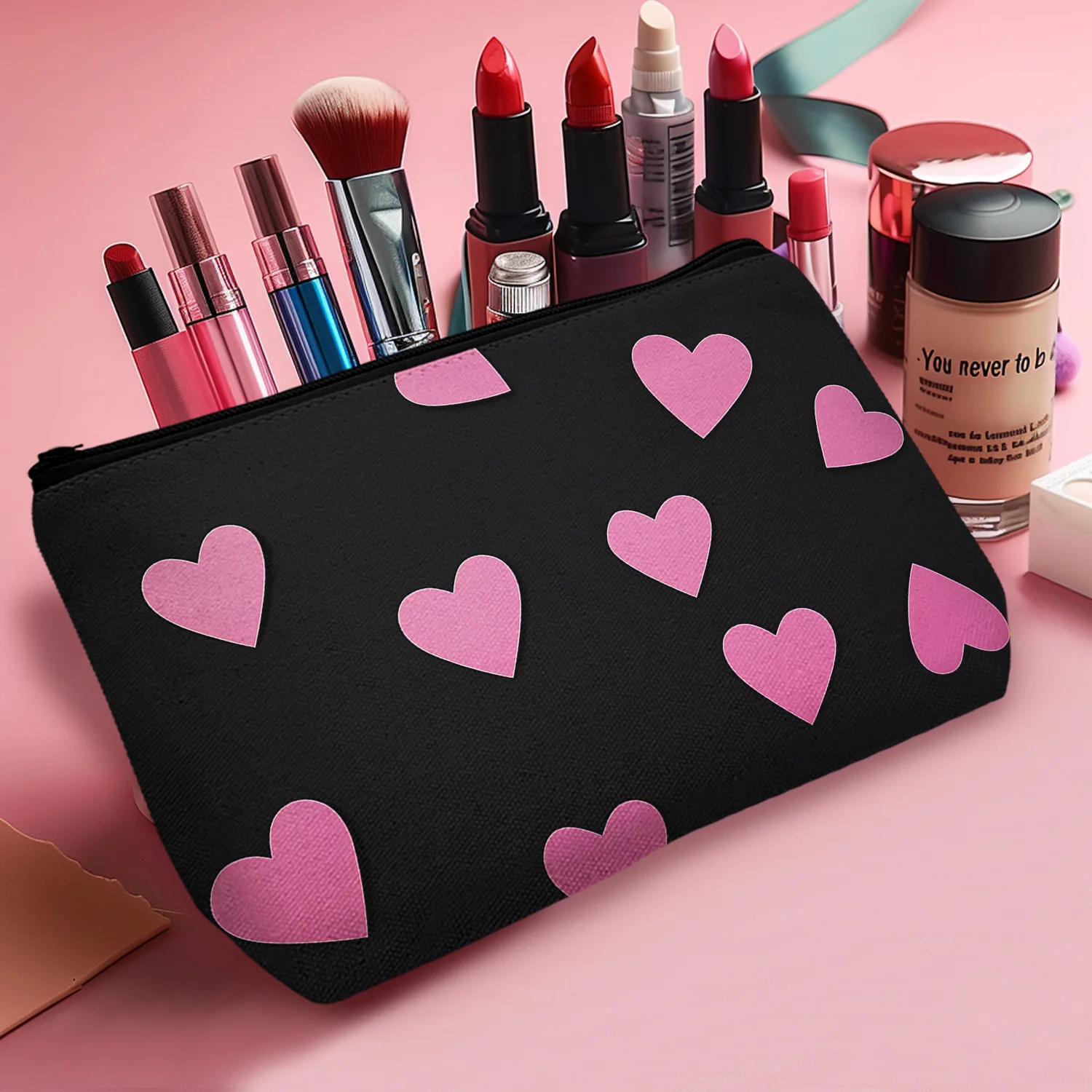 1 Pc Beauty Pink Heart Travel Makeup Organizer Storage Bag Cosmetic Bag Small For Women Dating Park Outdoor 8.66x5.51Inch_a