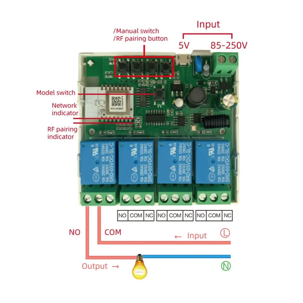 Módulo Interruptor de Luz Inteligente Zigbee, 4CH, Relé 85-250V, Aplicativo Smart Home, Controle Remoto, Funciona com Gateway, Alexa, Google Assistant