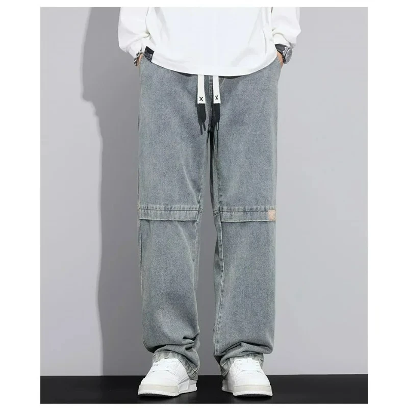 

Retro Men's Jeans Plus Size with Thin Rope and Wide Leg Cotton Casual Straight Leg Fashionable City Korean Version Men's Jeans