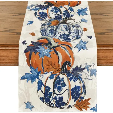 Pumpkins Maple Leaf Blue and White Porcelain 210 GSM Fall Table Runner Seasonal Kitchen Dining Table Decoration for Home Party