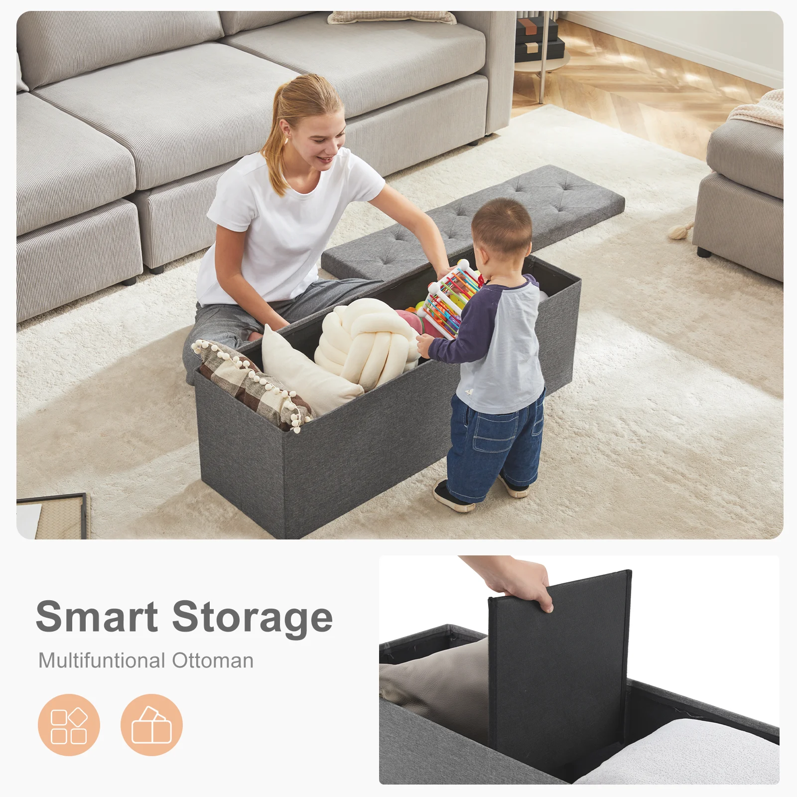 Pop Living Room Hidden Storage Footstool Toy Box Bedroom Bench Linen Fabric Easy Assemble Strong Load-bearing Capacity Stool