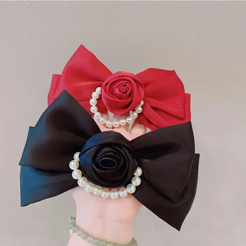 Vintage Rose Hairpin Fabric Large Bow Knot Pearl Chain Hair Clip Sweet Girl Women Korean Hair Accessories Autumn Winter Headwear