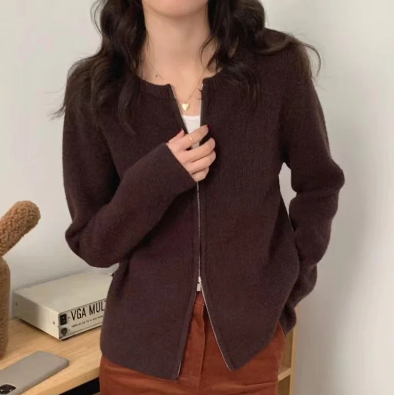 Modern versatile double zipper cashmere cardigan women's new fall/winter round neck knit sweater loose wool short coat