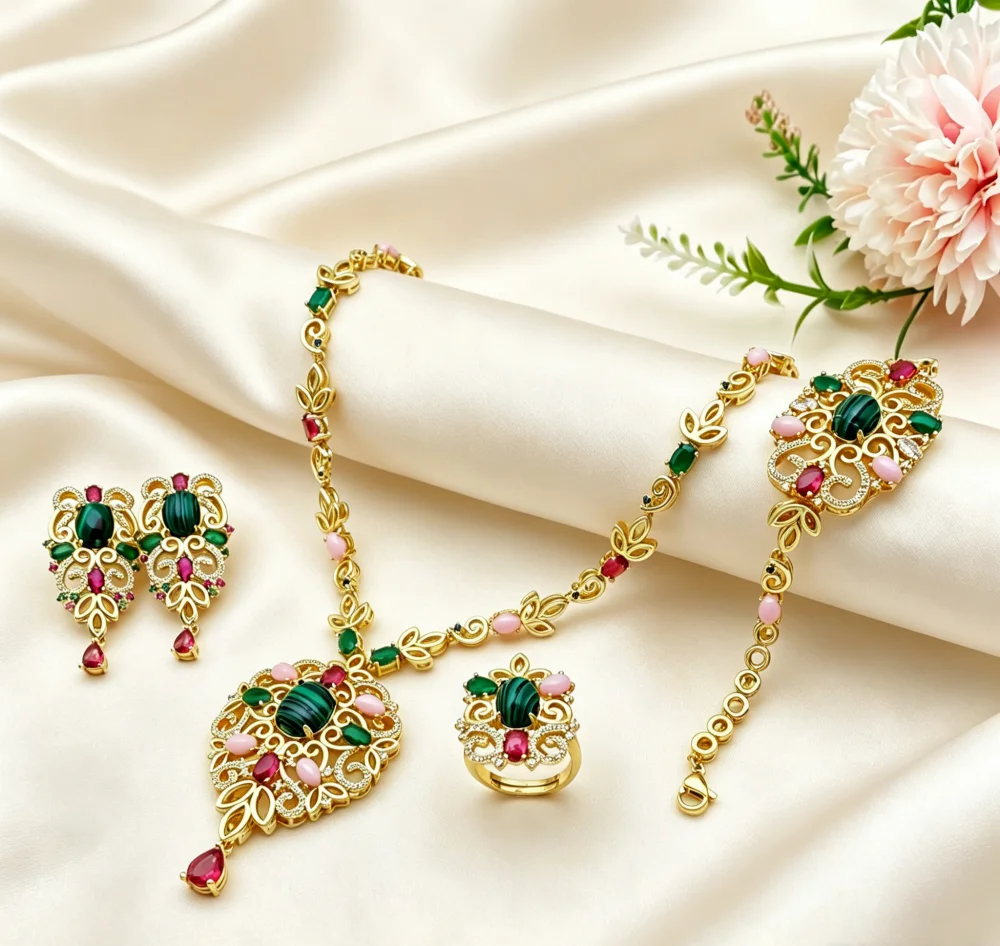 Falair Bride Wedding Jewelry Set Gold Plated Copper Colorful Zircon Necklace Earrings Ring Bracelet Luxury Accessory