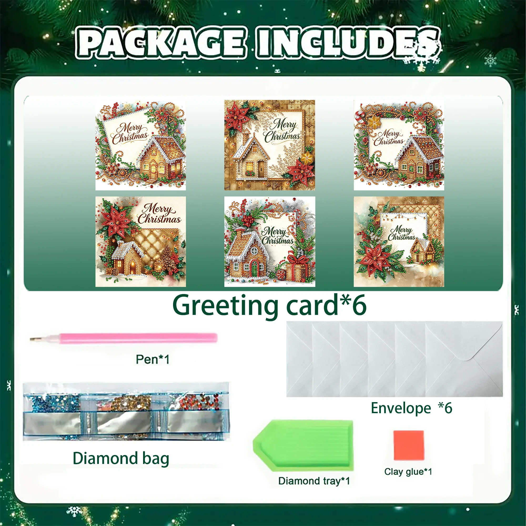 6-Piece DIY Diamond Painting Greeting Card with Envelope, Wishes and Wishes, Christmas Theme Unique Design view 6