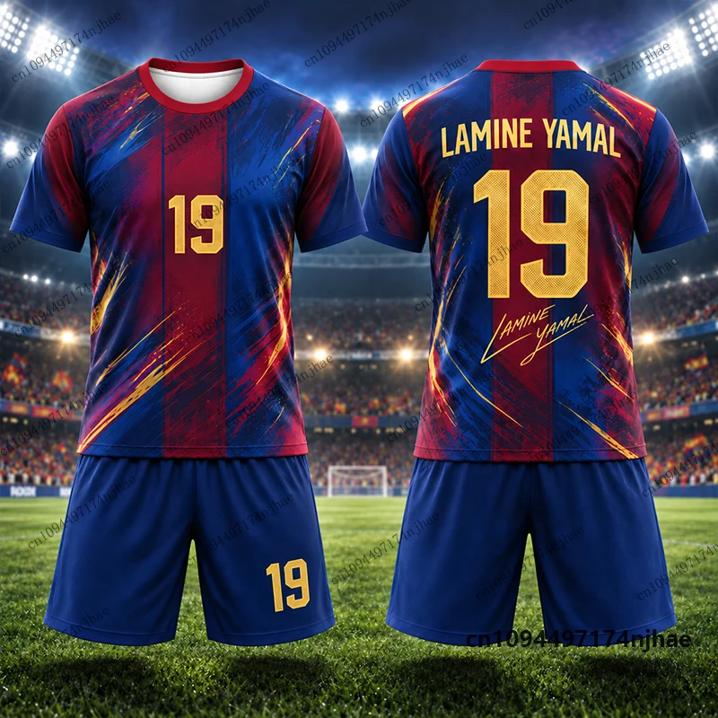 2026 Kinder-Trainingsanzug Fußballtrikot Yamal # 19 Bedruckte T-Shirt- und Shorts-Sets, Spanien-Fananzug, Sport-Outfit für Kinder/Erwachsene, 2-teiliges Outfit – Detail 5