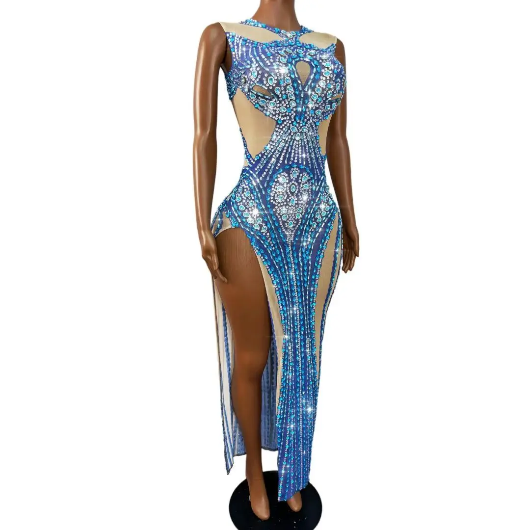 Lanshuicai Luxury Dark Blue Sky Blue Ombre Crystal Mesh Maxi Dress Hollow Out Torso Double Side Cut High Split Red Carpet Outfit