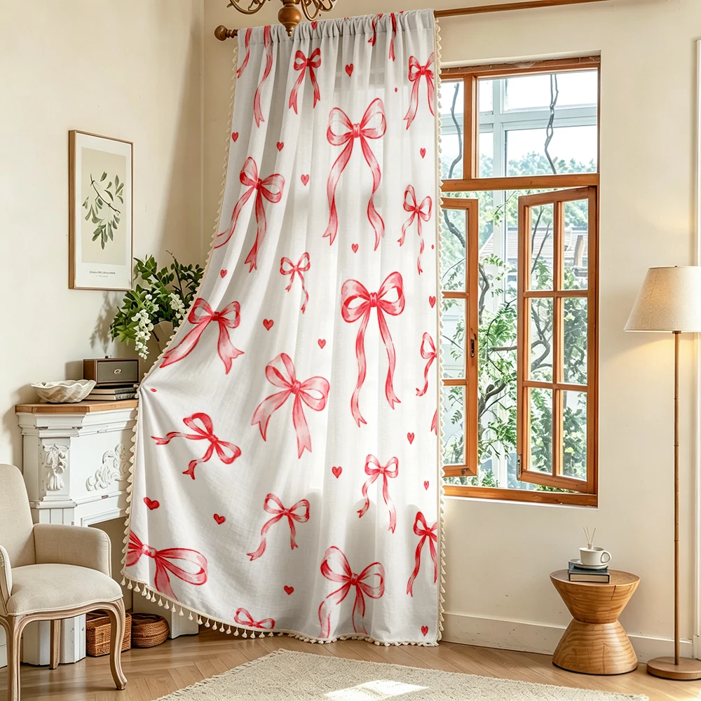 1PC Valentine Tassel Sheer Curtains, Watercolor Bow Heart Red, Digital Print, Linen Polyester, Bedroom Living Room, Home Decor