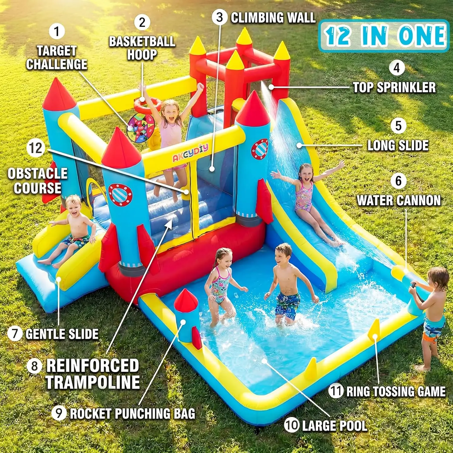 12-in-1 Inflatable Bounce House with Dual Water Slide, Climbing Wall, Punching Bag, Water Gun, Basketball Hoop, and 480W Blower, Indoor Outdoor Jump House for Kids view 4