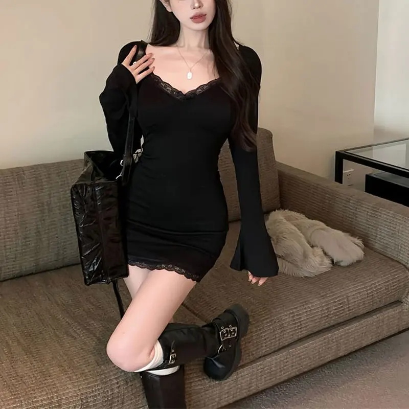 섹시한 레이스 스플라이싱 슬림 미니 원피스 용수철, 핫스위트 V넥 여성 의류, 단색 기본 우아한 가방, 힙웨이스트 드레스, 가을
