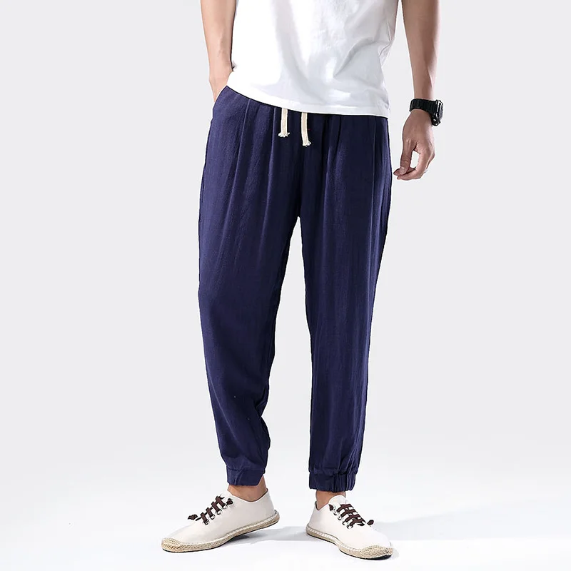 2022 Summer Thin Casual Linen Pants Chinese Style Loose Plus Size Sports Ninth Pants Men Clothing Oversize Sweatpants Joggers