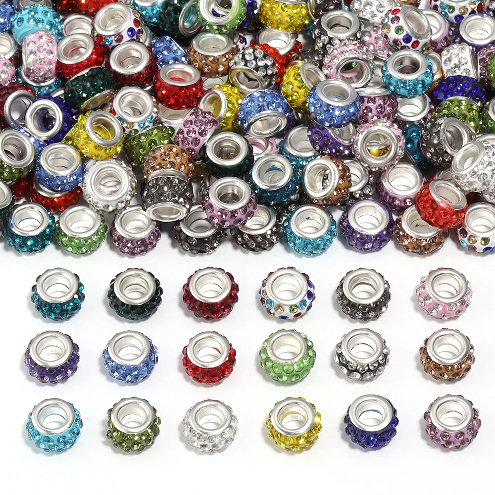 20Pcs 11mm Rhinestone Polymer Clay Beads Round Big Hole Loose Spacer Beads for DIY Jewelry Making Bracelets Necklace Accessories