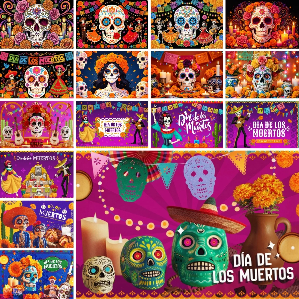 Mexican Carnival Party Backdrop Multicolor Fiesta Cinco DeMayo Skeleton Day of The Dead Wedding Birthday Decor Photo Background