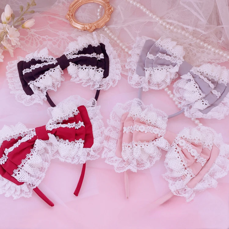 Lolita Japanese Style Girlish Love Girl Hairware Hairbands Lolita Sweet Lace Three-Layer Bow Hairclip Headband Hair Bow Women