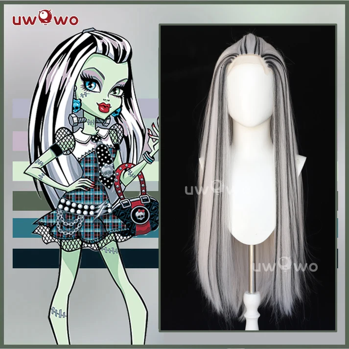 UWOWO Monster High Cosplay Frankie Stein 1 Cosplay Wig Black Silver 90CM Long Hair Heat Resistant