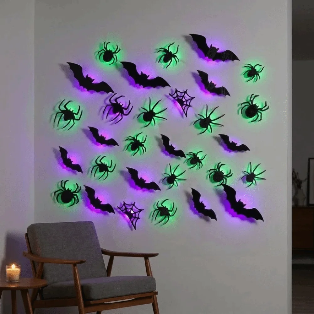 3D Bat LED Glow Wall Stickers Purple Green Lights Waterproof Halloween Spider Atmosphere Lamp Lighted Stickers Glow in The Dark view 2