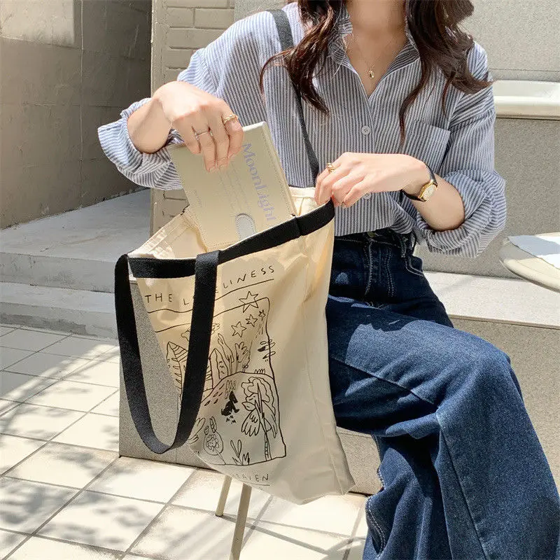 2023 Women Canvas Tote Bag Large Capacity Reusable Cotton Cloth Shopping Bag Japanese Casual Graffiti Handbag Shoulder Bag Tote